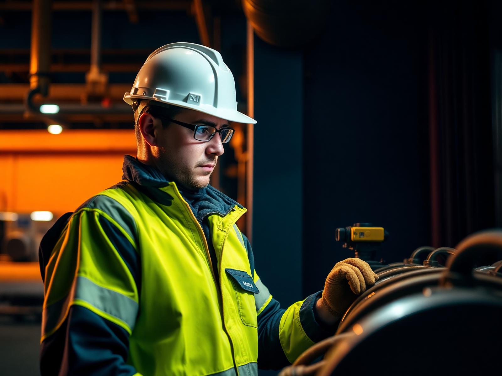 Safety officer inspecting personnel in protective equipment on site